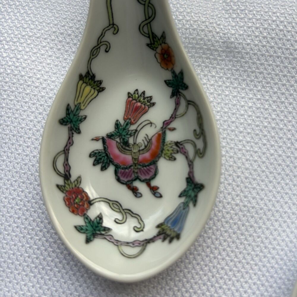 Pair Vintage Chinese Jingdezhen  Soup Spoons+Small Bowl Butterfly Floral Design. - Picture 3 of 11